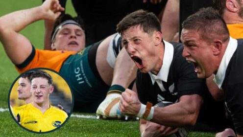 Cam Roigard in action for the All Blacks and Hurricanes (inset) in 2025.