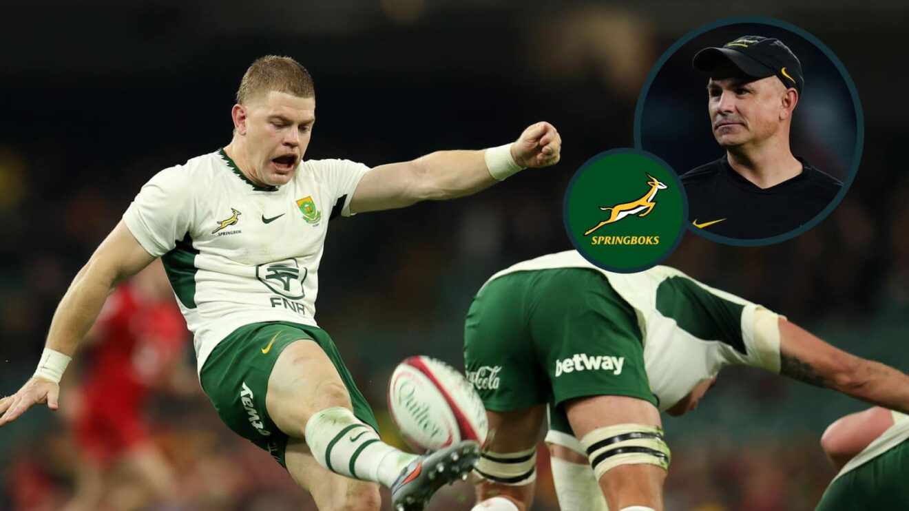 Springboks scrum-half Morne van den Berg kicks and an inset of Jaco Peyper.