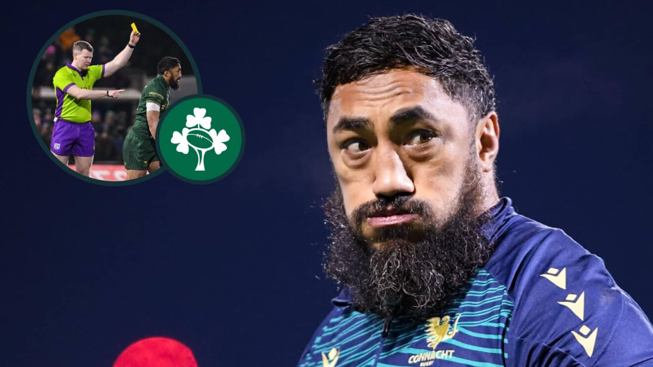Ireland and Connacht centre Bundee Aki and an inset of referee Eoghan Cross.