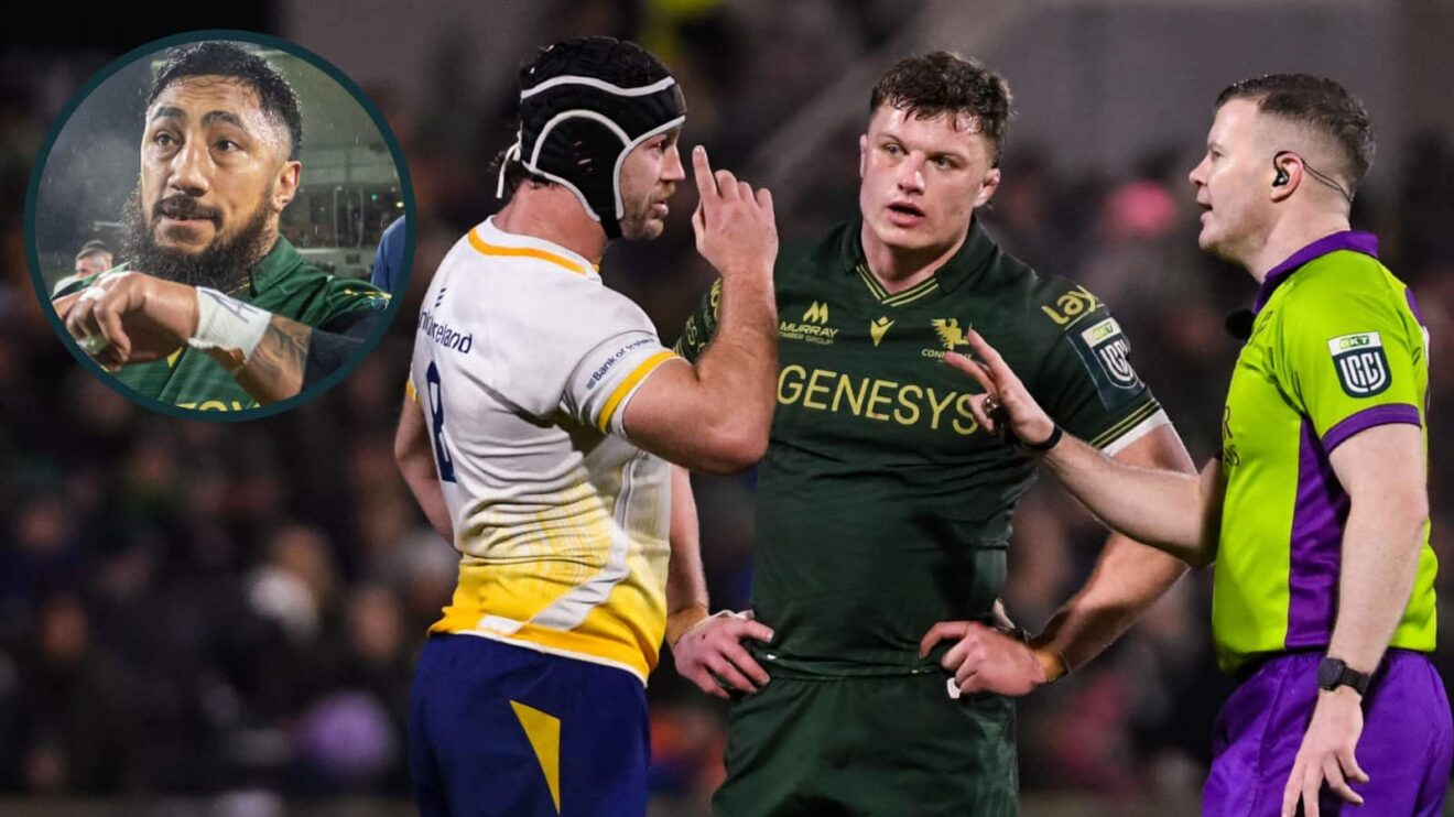 Referee Eoghan Cross chatting to Connacht (Cian Prendergast) and Leinster (Caelan Doris) captains, and banned centre Bundee Aki (inset).