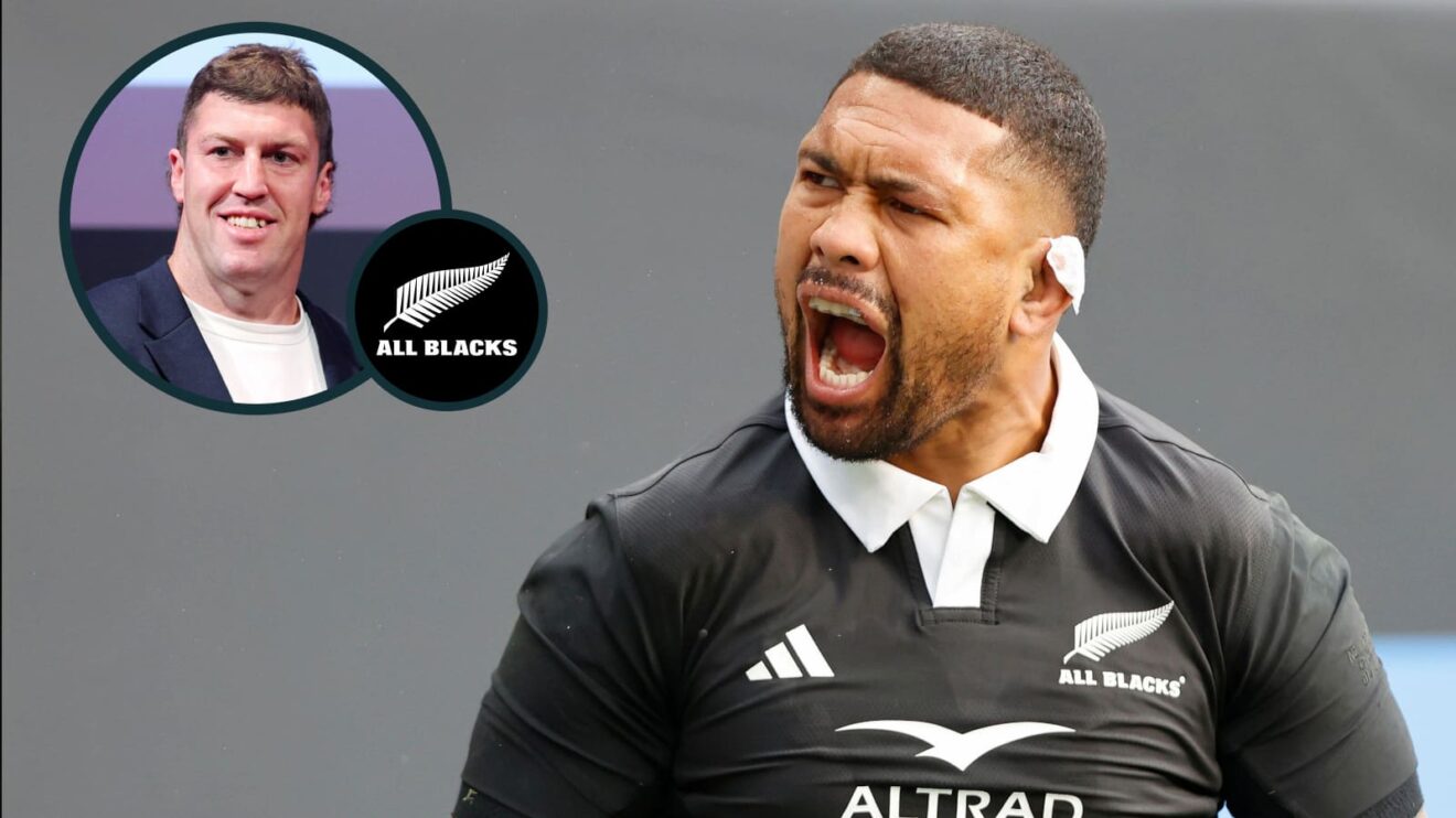 Ardie Savea in action for the All Blacks in 2025 and New Zealand Test centurion Brodie Retallick (inset).