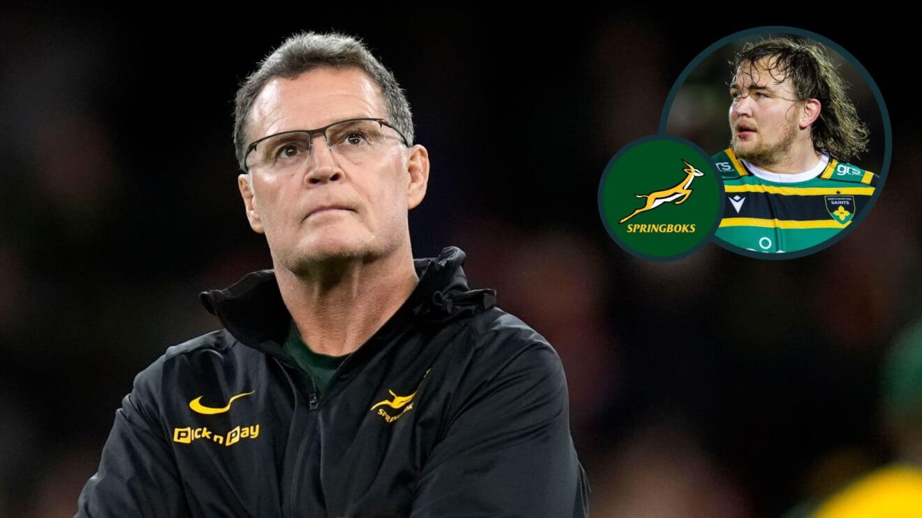 Springboks head coach Rassie Erasmus and an inset of Northampton Saints lock JJ van der Mescht.