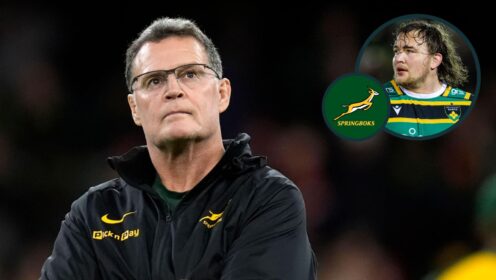 Springboks head coach Rassie Erasmus and an inset of Northampton Saints lock JJ van der Mescht.