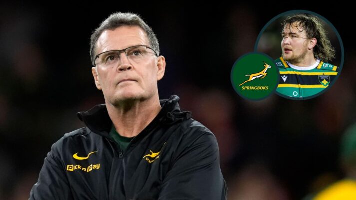 Springboks head coach Rassie Erasmus and an inset of Northampton Saints lock JJ van der Mescht.