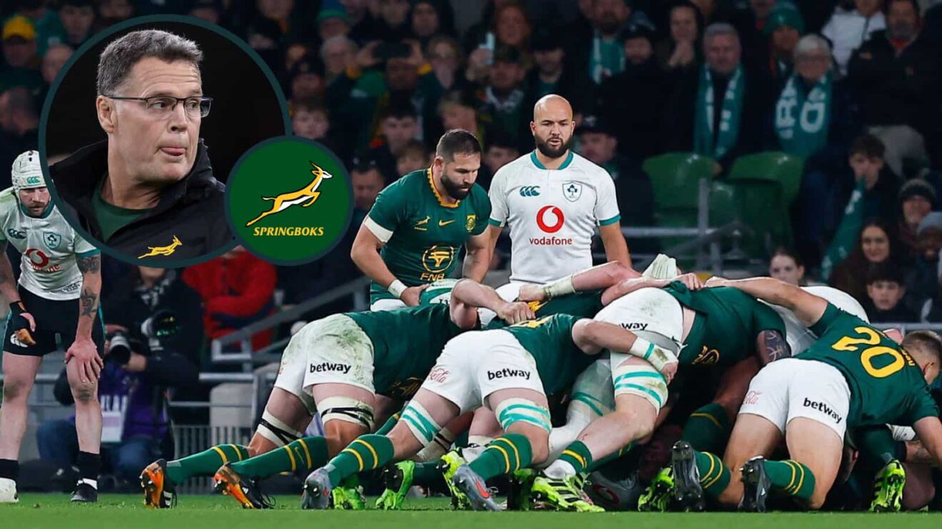 Springboks scrum v Ireland and an inset of head coach Rassie Erasmus.