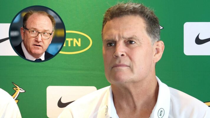 Springboks head coach Rassie Erasmus and an inset of World Rugby Chair Brett Robinson.