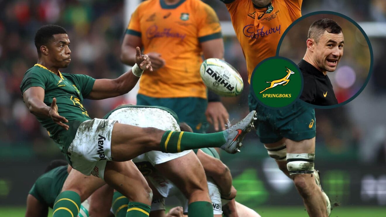Springboks scrum-half Grant Williams box kicks with an inset of assistant coach Felix Jones.