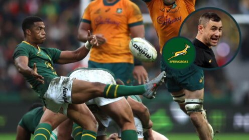 Springboks scrum-half Grant Williams box kicks with an inset of assistant coach Felix Jones.