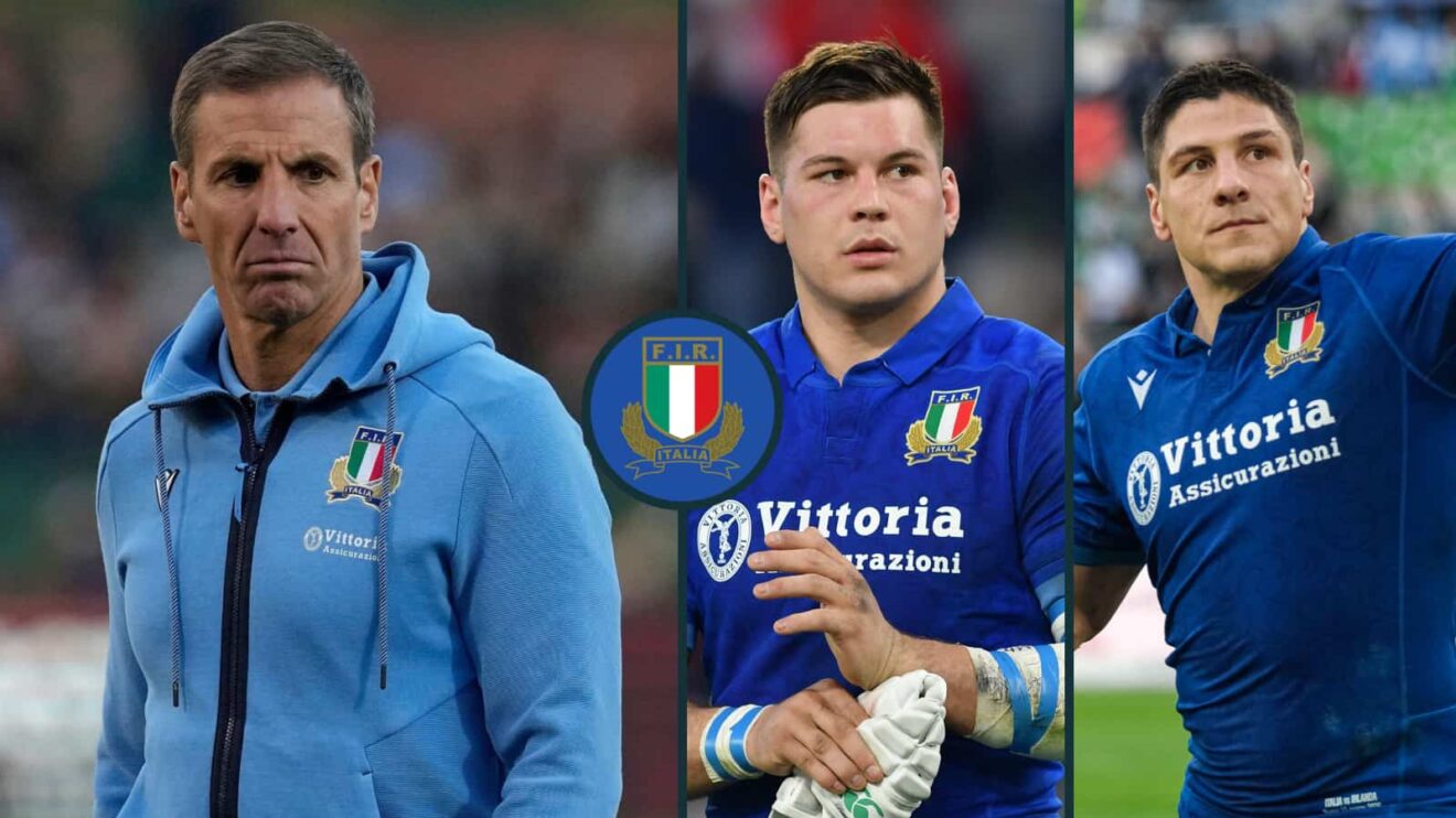 Split image of Italy head coach Gonzalo Quesada, flanker Manuel Zuliani and centre Juan Ignacio Brex.