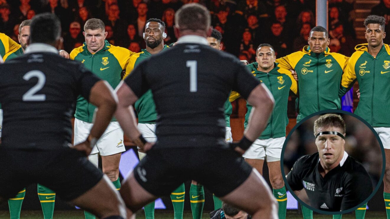 All Blacks haka against the Springboks and New Zealand legend Brad Thorn (inset).