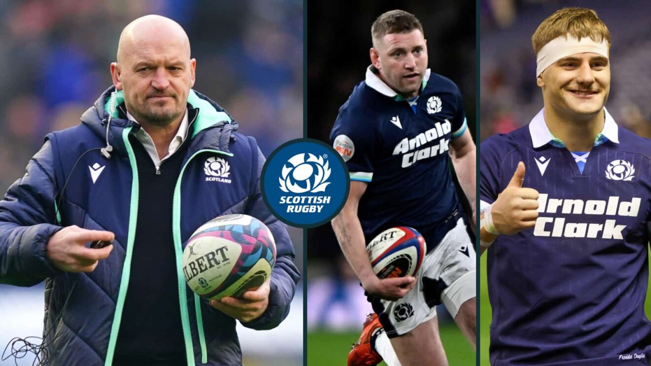 Scotland head coach Gregor Townsend (left), fly-half Finn Russell (middle) and rising star Freddy Douglas (right).