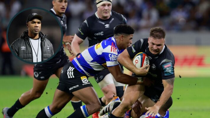 A two layered image of Andre Esterhuizen carrying into contact with an inset of JP Pietersen