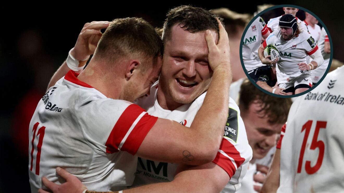 A two layer image of Ulster players celebrating and competing for the ball v Cardiff in 2025/26