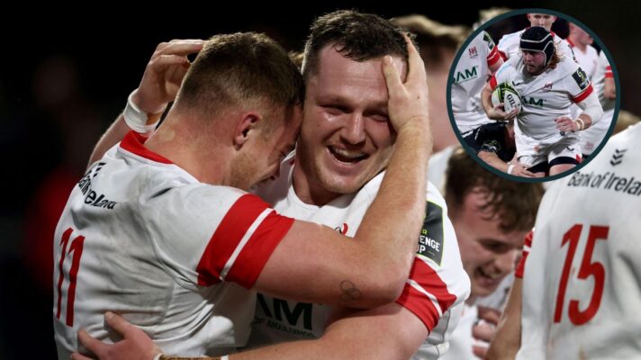 A two layer image of Ulster players celebrating and competing for the ball v Cardiff in 2025/26