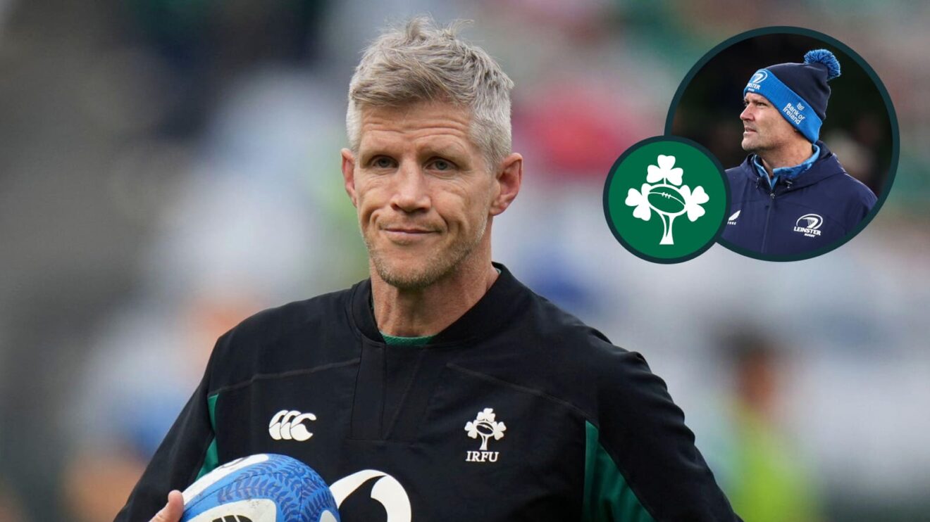 Ireland's assistant coach Simon Easterby (AP Photo/Andrew Medichini) and an inset of Jacques Nienaber (INPHO/Ben Brady/EPCR Rugby)