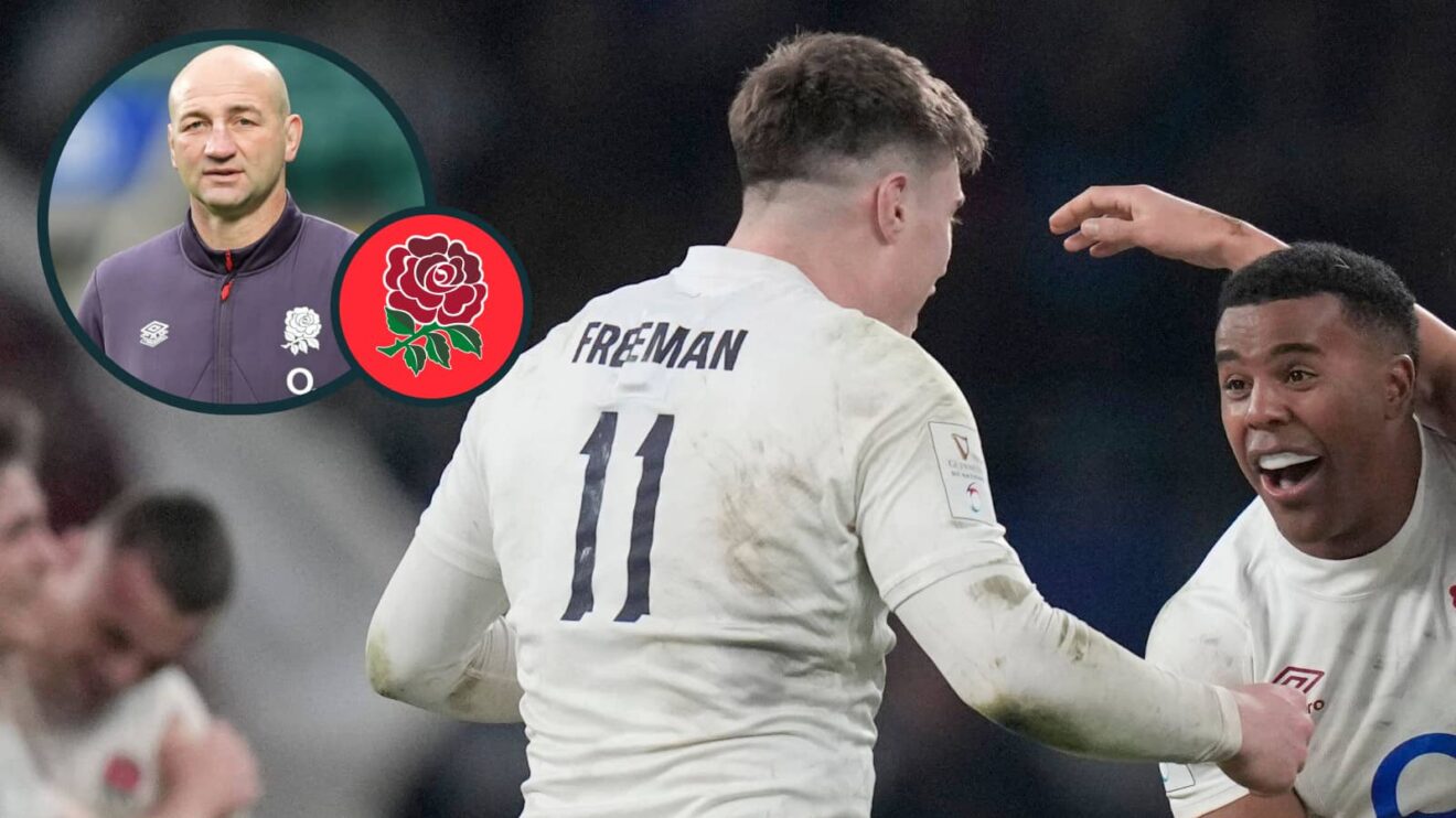 Tommy Freeman and Immanuel Feyi-Waboso celebrating, and England head coach Steve Borthwick (inset).