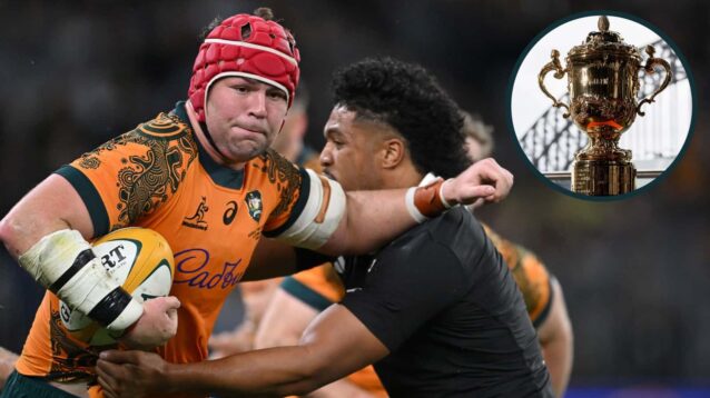 Wallabies taking on the All Blacks, and the Webb Ellis Cup (inset).