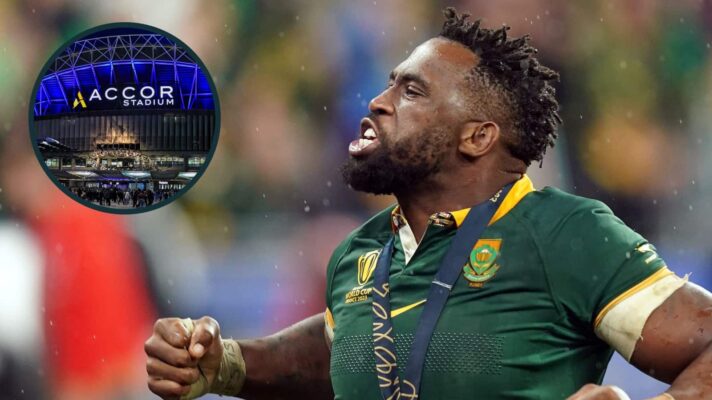 Captain of the 2023 Rugby World Cup winners, Springboks flanker Siya Kolisi, celebrating that triumph, and the venue for the 2027 final (inset).