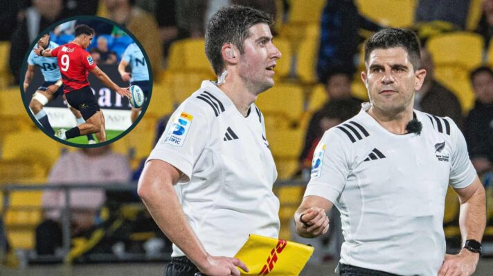 Super Rugby officials debate decision after TMO intervention and a box-kick following caterpillar ruck (inset).