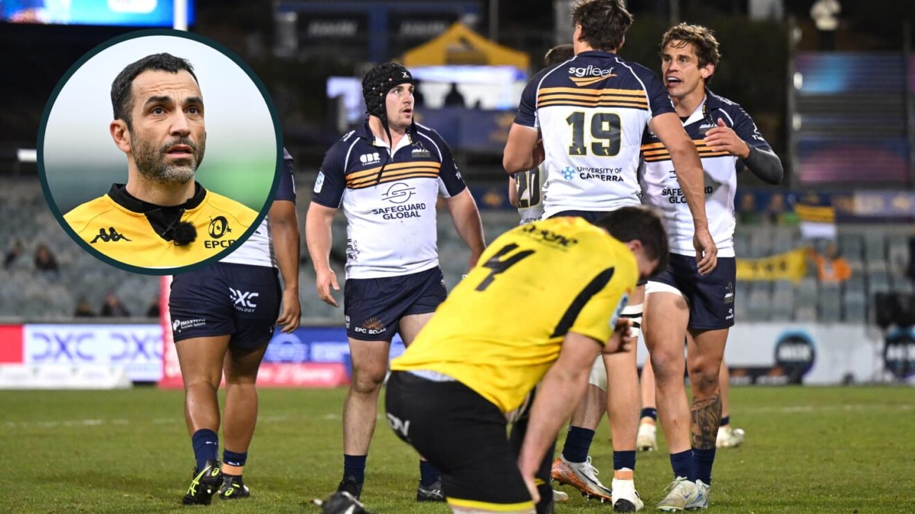 two layer image of Super Rugby action at the Brumbies and referee Mathieu Raynal