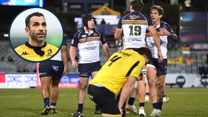 two layer image of Super Rugby action at the Brumbies and referee Mathieu Raynal