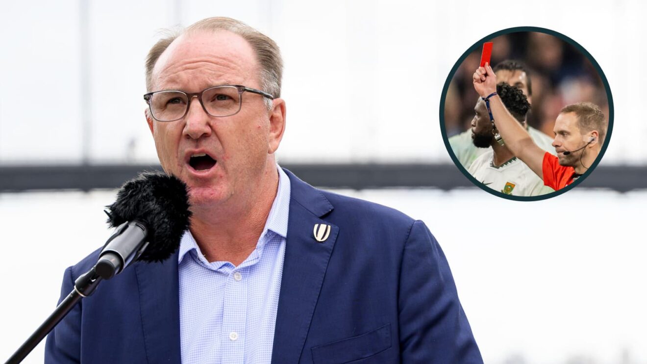 World Rugby Chairman Brett Robinson and an inset of Angus Gardner issuing a red card