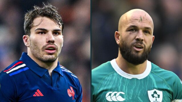 A two panel image of Antoine Dupont (left) and Jamison Gibson-Parl (right)