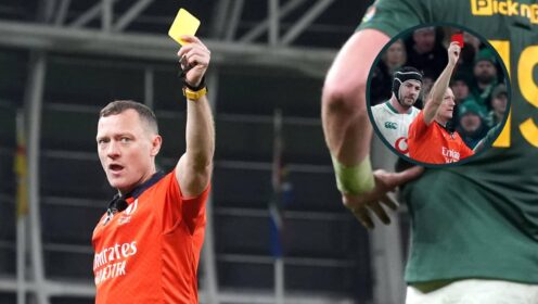Matthew Carley shows a yellow and red card during the November international between Ireland and South Africa.