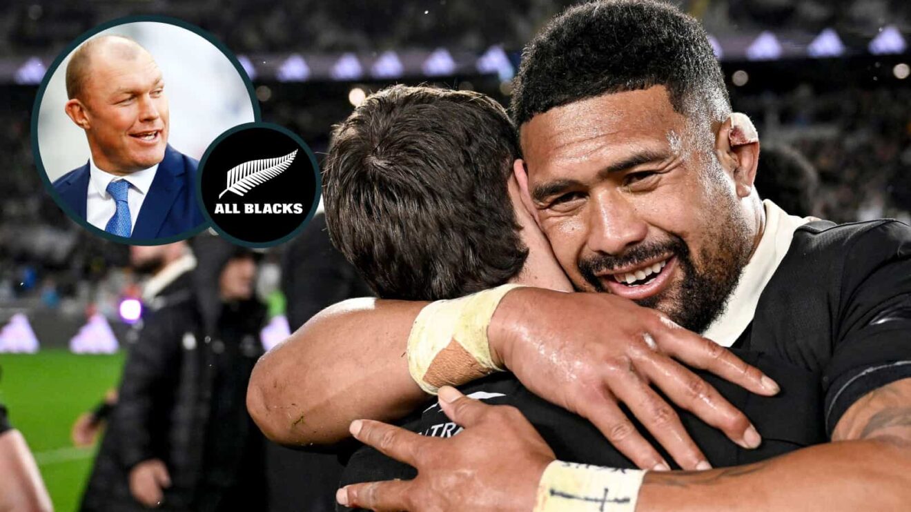 All Blacks Ardie Savea and Cam Roigard with an inset of Springboks legend Schalk Burger.