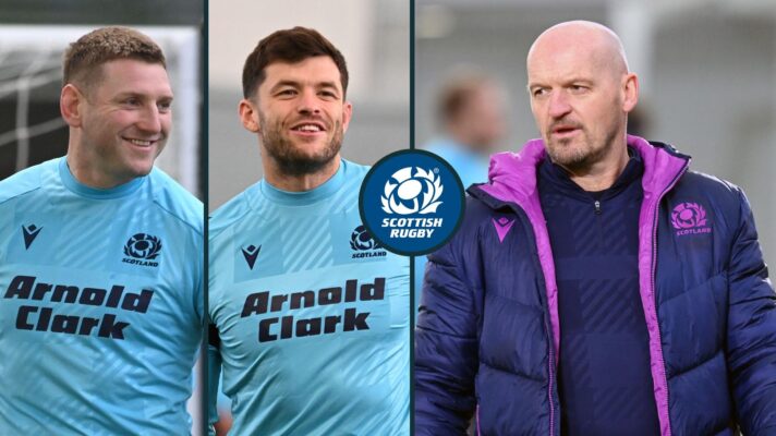 A three panel image of Gregor Townsend, Blair Kinghorn and Finn Russell