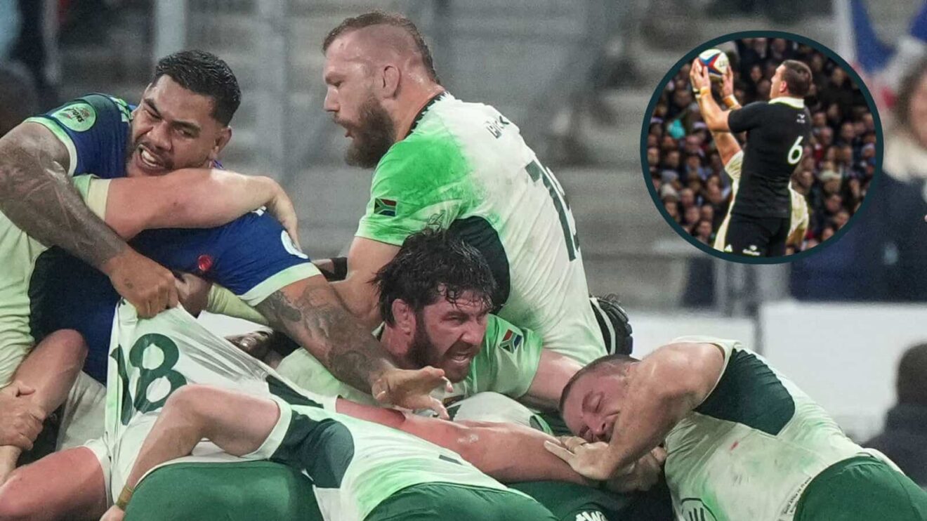 Springboks mauling versus France, and All Blacks and England competing for a lineout (inset).