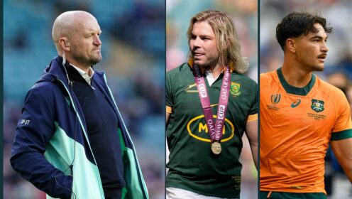 Scotland coach Gregor Townsend, Springbok Faf de Klerk and Wallaby Jordan Petaia.