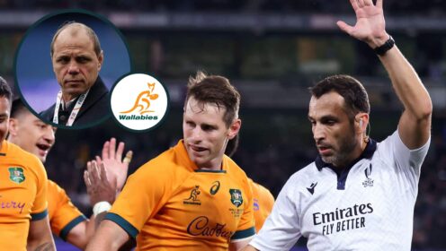 Referee Mathieu Raynal and Australia's Bernard Foley with an inset of Wallabies great Phil Waugh.