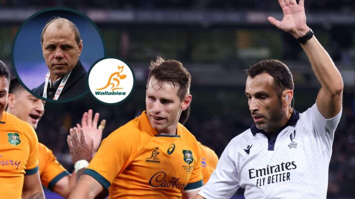 Referee Mathieu Raynal and Australia's Bernard Foley with an inset of Wallabies great Phil Waugh.