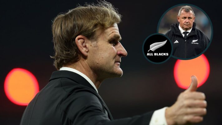 Former All Blacks head coaches Scott Robertson and Ian Foster (inset).