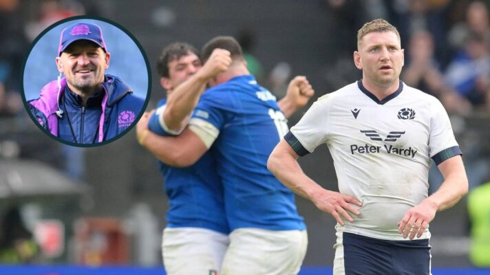 Finn Russell and Italy react after the 2024 Six Nations match in Rome with an inset of Scotland coach Gregor Townsend.