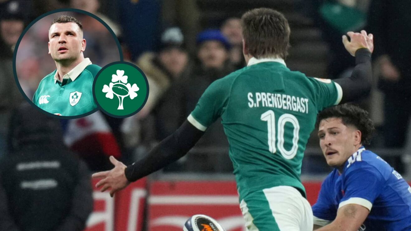 Fly-half Sam Prendergast and one of Ireland's better performers against France, Tadhg Beirne (inset).