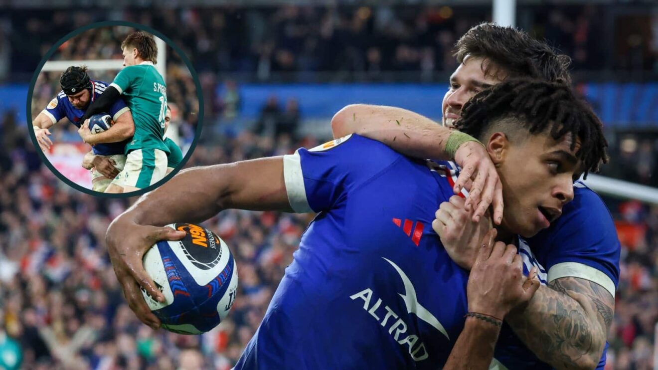 Theo Attissogbe celebrates with Matthieu Jalibert and an inset of Sam Prendergast tackling Lenni Nouchi.