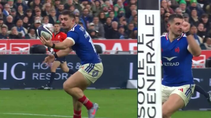 France full-back Thomas Ramos claims a mark during the Six Nations match between France and Ireland.