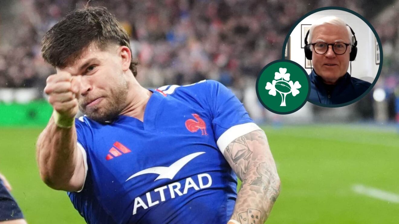 Matthieu Jalibert after scoring for France against Ireland and an inset of Matt Williams.