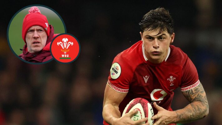 A two layered image of Louis Rees-Zammit and Steve Tandy