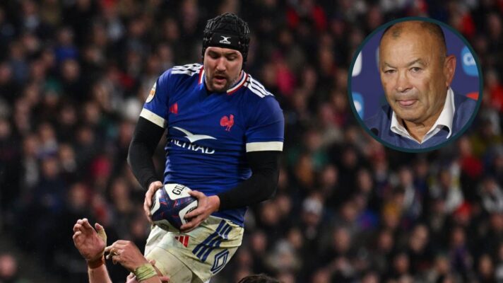 France back-rower Francois Cros claims a lineout and an inset of Eddie Jones
