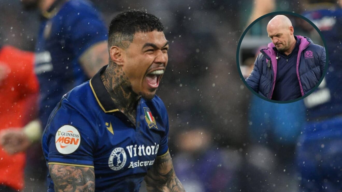 Italy's Monty Ioane celebrates with an inset of Scotland head coach Gregor Townsend.