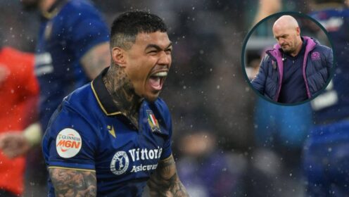 Italy's Monty Ioane celebrates with an inset of Scotland head coach Gregor Townsend.