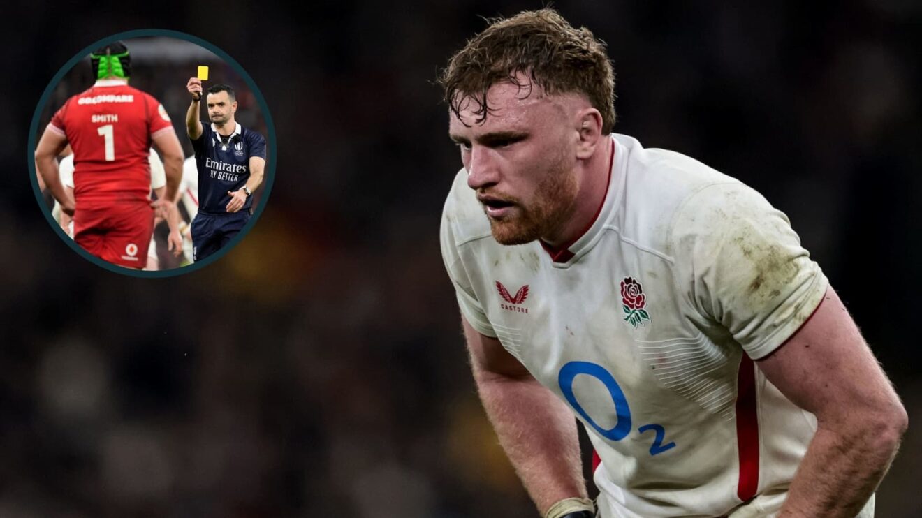 Ollie Chessum in action for England and Wales prop Nicky Smith receives yellow card (inset).