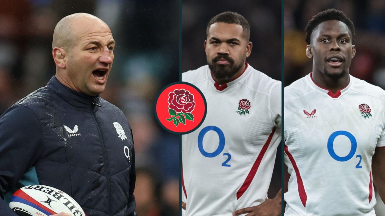 A three panel image of Steve Borthwick, Ollie Lawrence and Maro Itoje