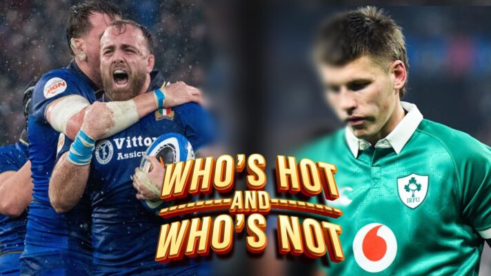 two layer image of Italy celebrations and Ireland's Sam Prendergast