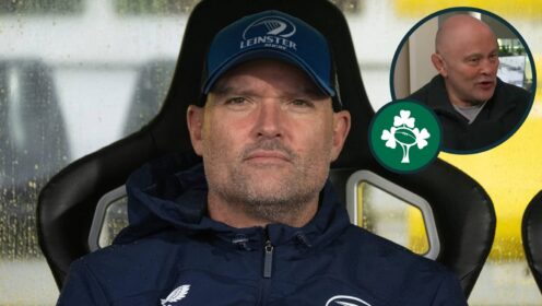 Jacques Nienaber as Leinster senior coach and England great Brian Moore (inset).