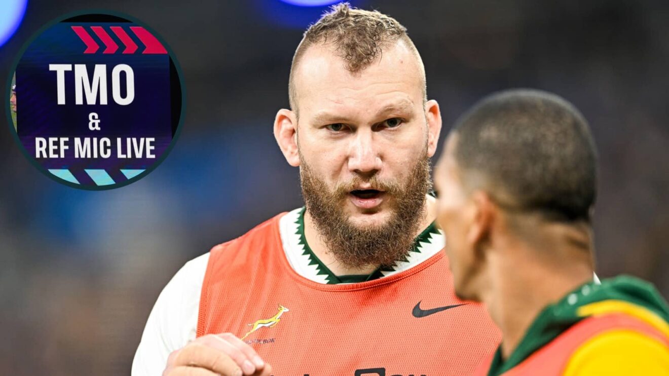 Springboks replacement RG Snyman and an inset of a TMO review.