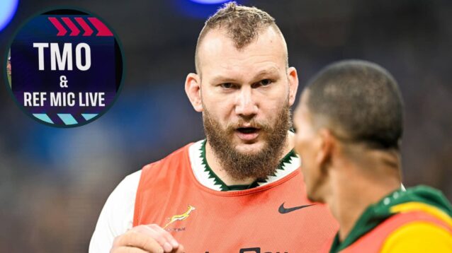 Springboks replacement RG Snyman and an inset of a TMO review.
